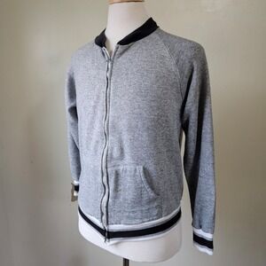 Vintage Heather Grey Bomber Sweatshirt Zip Up Athletic Stripe Collar Cuffs Hem S
